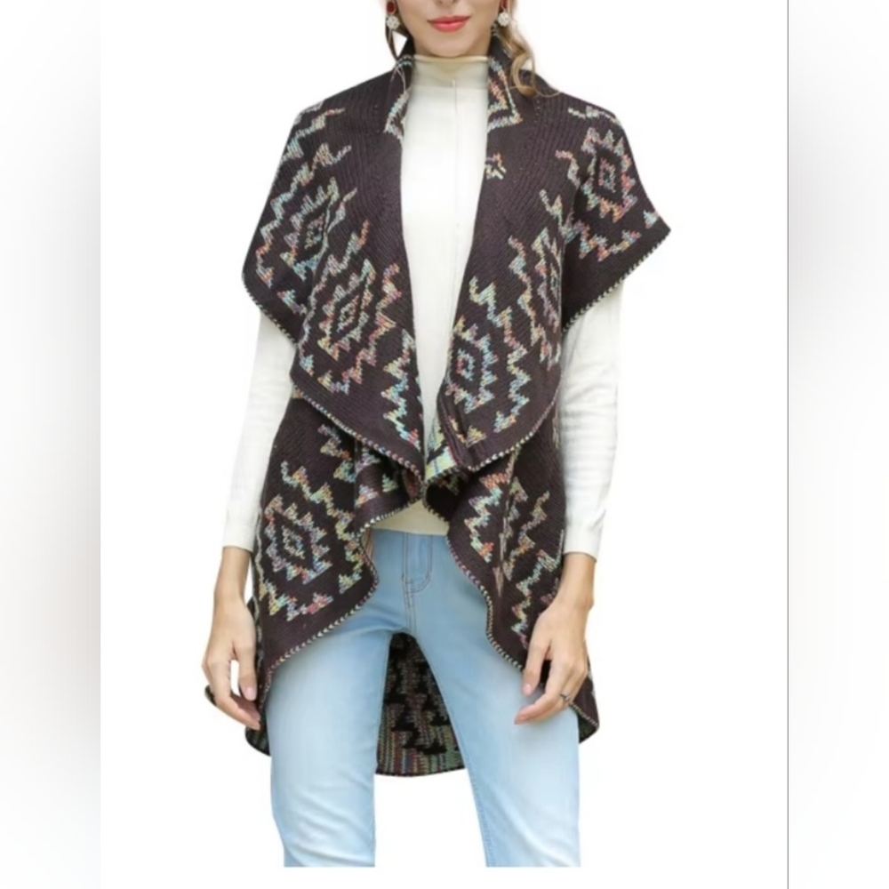 Passports By Pier 1 Womens S Brown Open Front Vest Sweater Southwestern Aztec